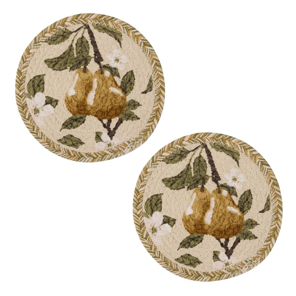Golden Pear Braided & Printed Trivet 8" Diameter Round Set of 2