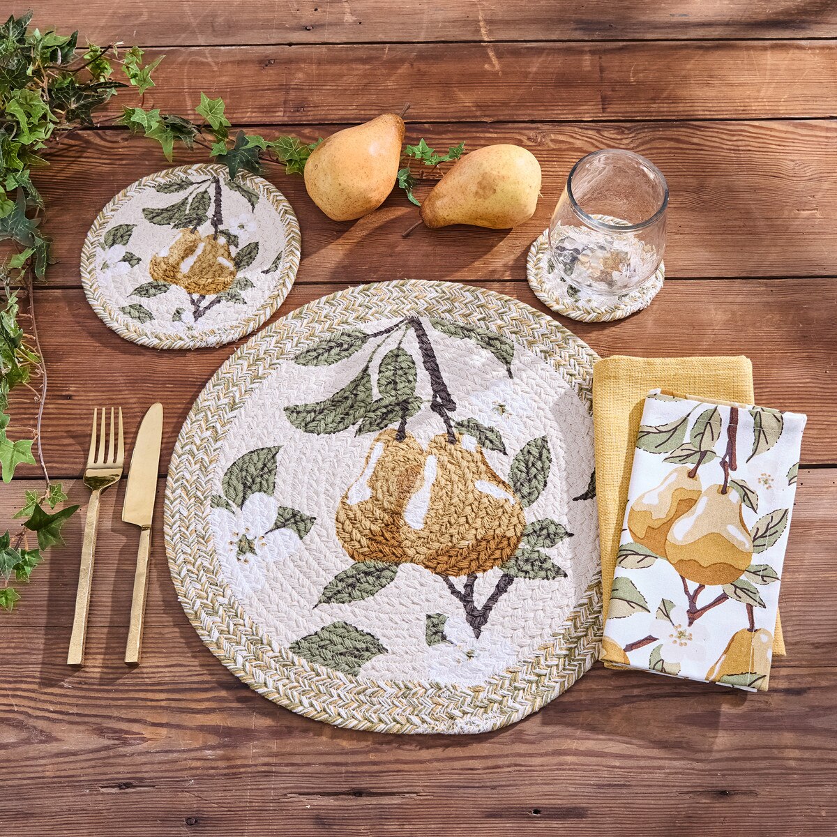 Golden Pear Braided & Printed Coaster Round Set of 4