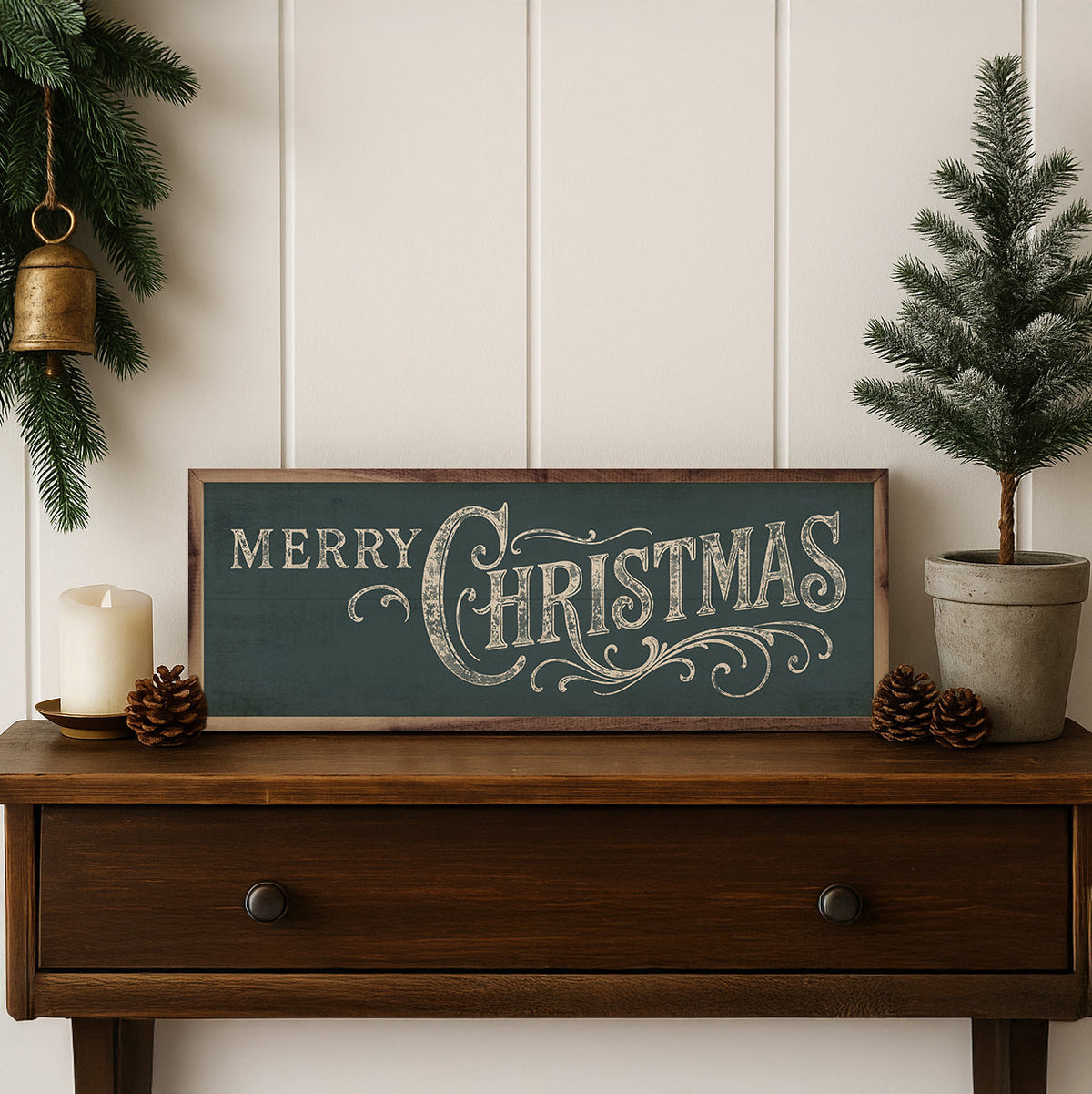 Merry Christmas Ornate Printed and Framed Wall Sign