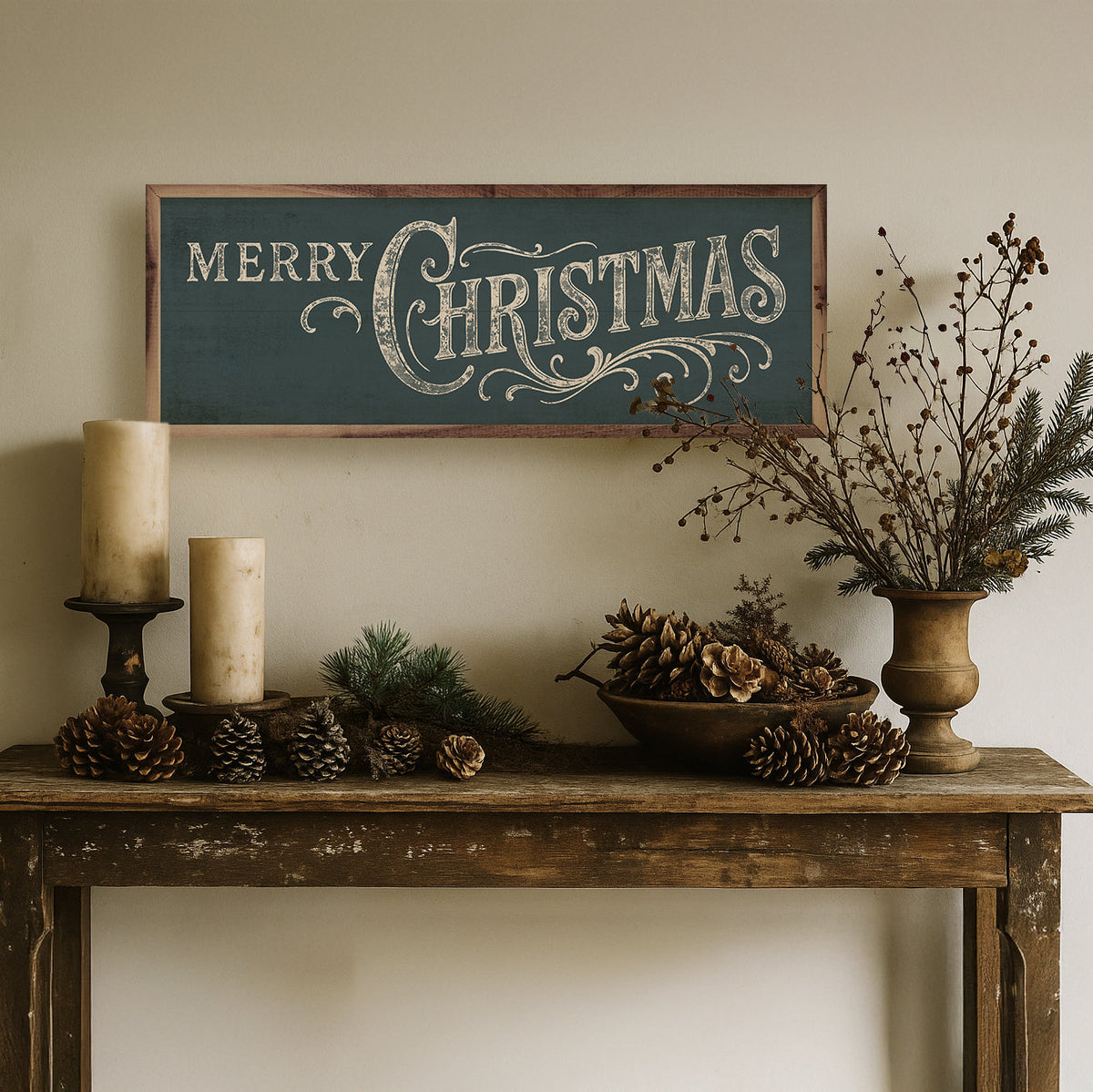 Merry Christmas Ornate Printed and Framed Wall Sign