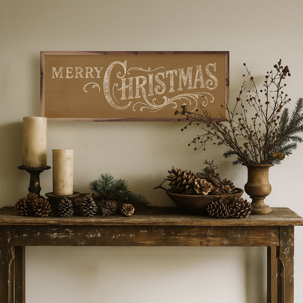 Merry Christmas Ornate Printed and Framed Wall Sign