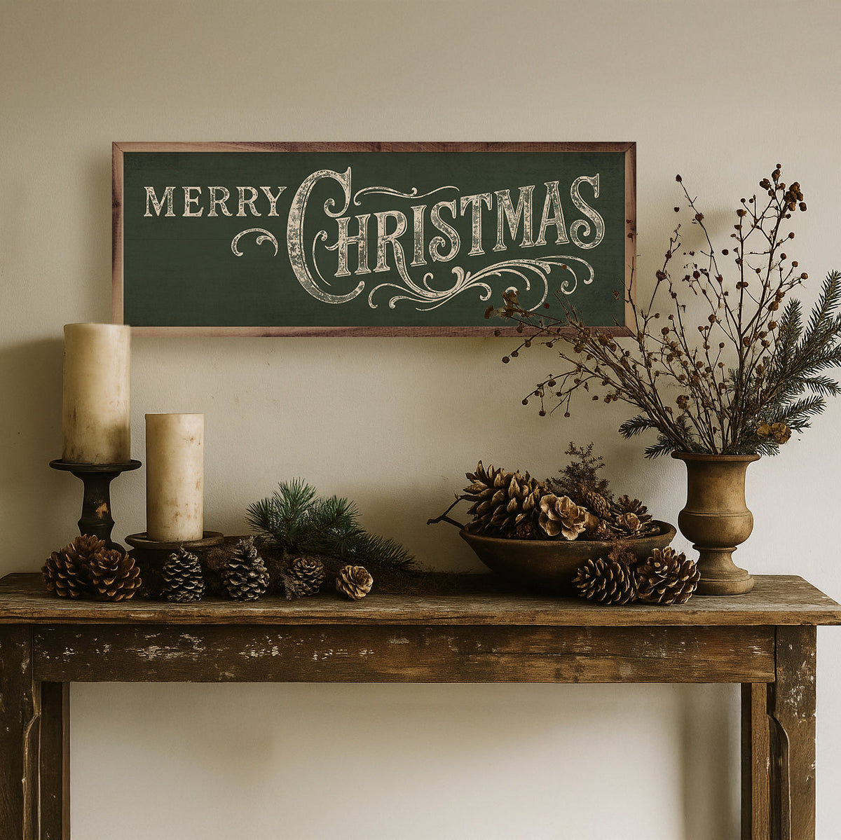 Merry Christmas Ornate Printed and Framed Wall Sign