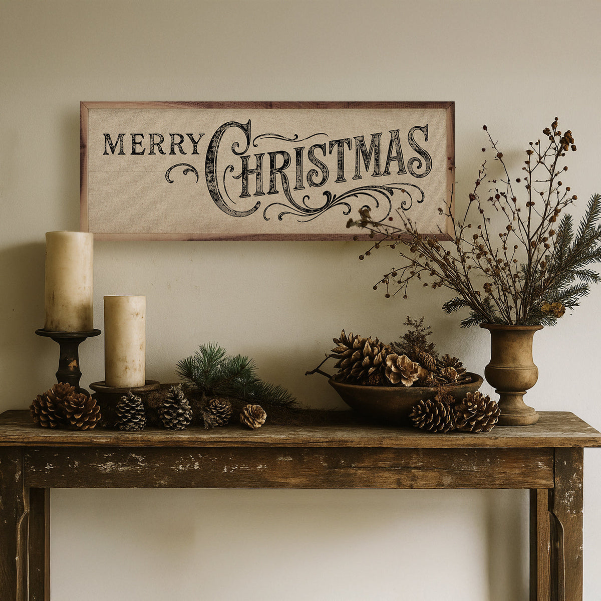 Merry Christmas Ornate Printed and Framed Wall Sign