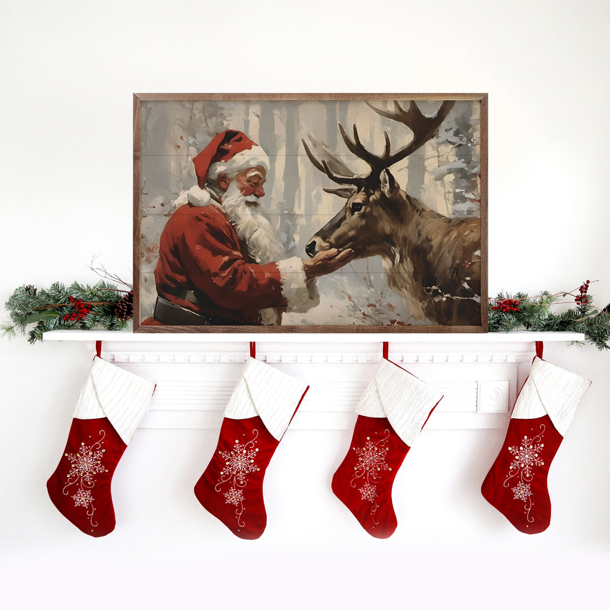 Santa Claus With Reindeer Printed and Framed Wall Sign