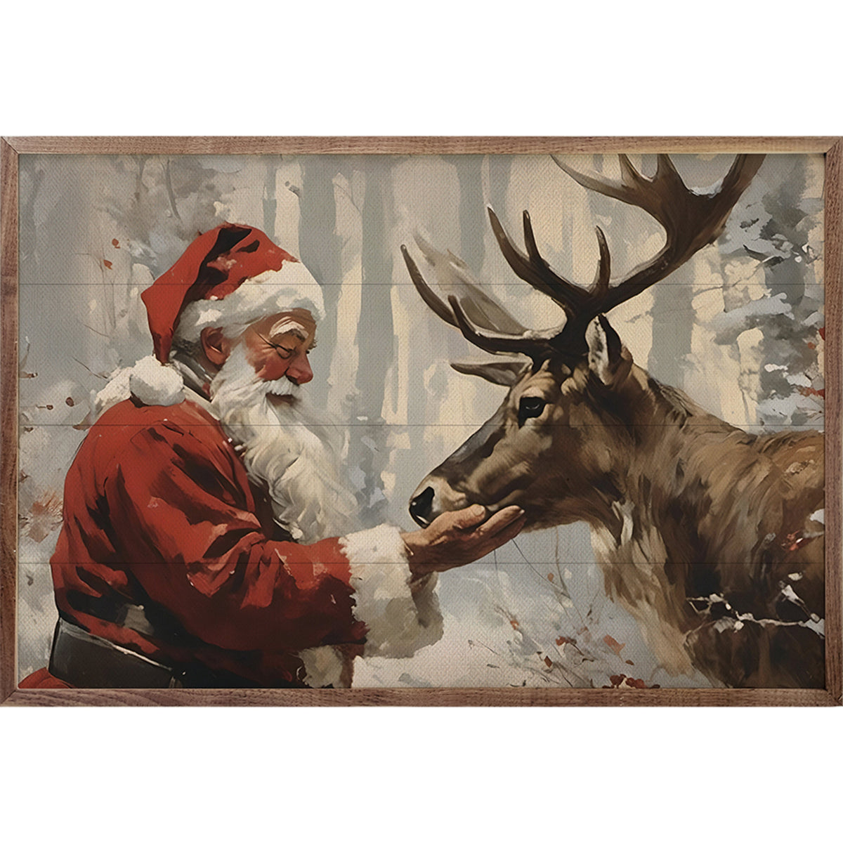 Santa Claus With Reindeer Printed and Framed Wall Sign