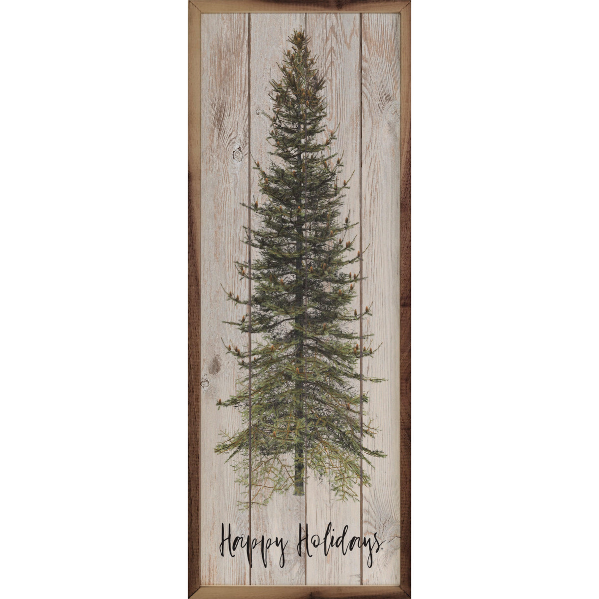 Happy Holidays Skinny Tree Whitewash Printed and Framed Wall Sign