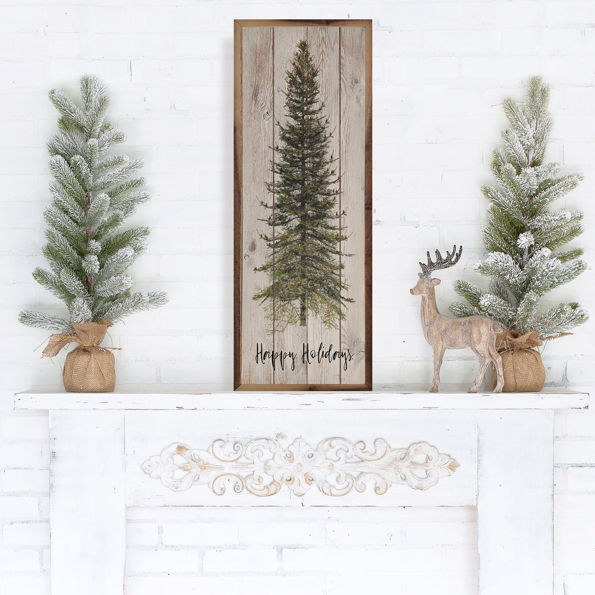 Happy Holidays Skinny Tree Whitewash Printed and Framed Wall Sign