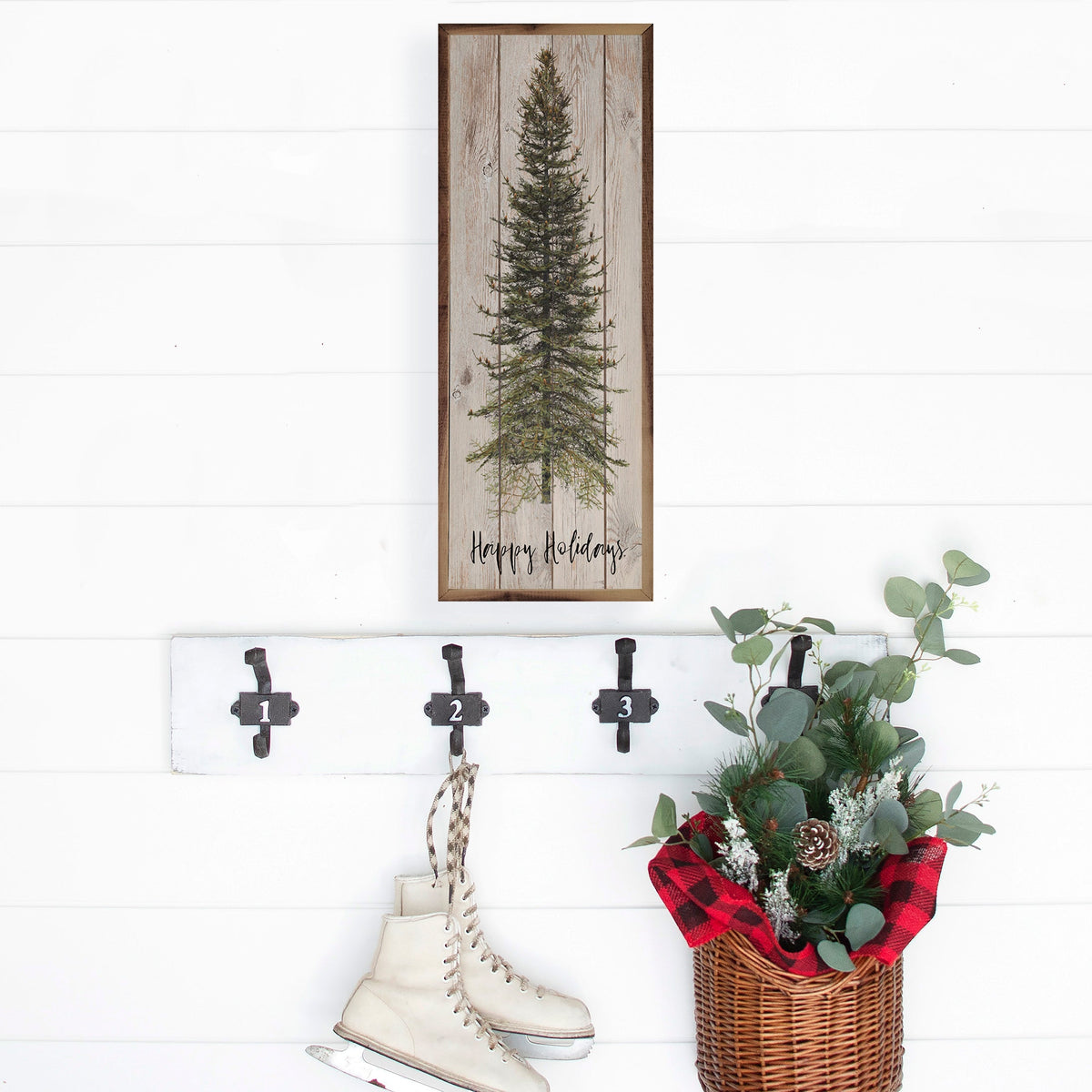 Happy Holidays Skinny Tree Whitewash Printed and Framed Wall Sign