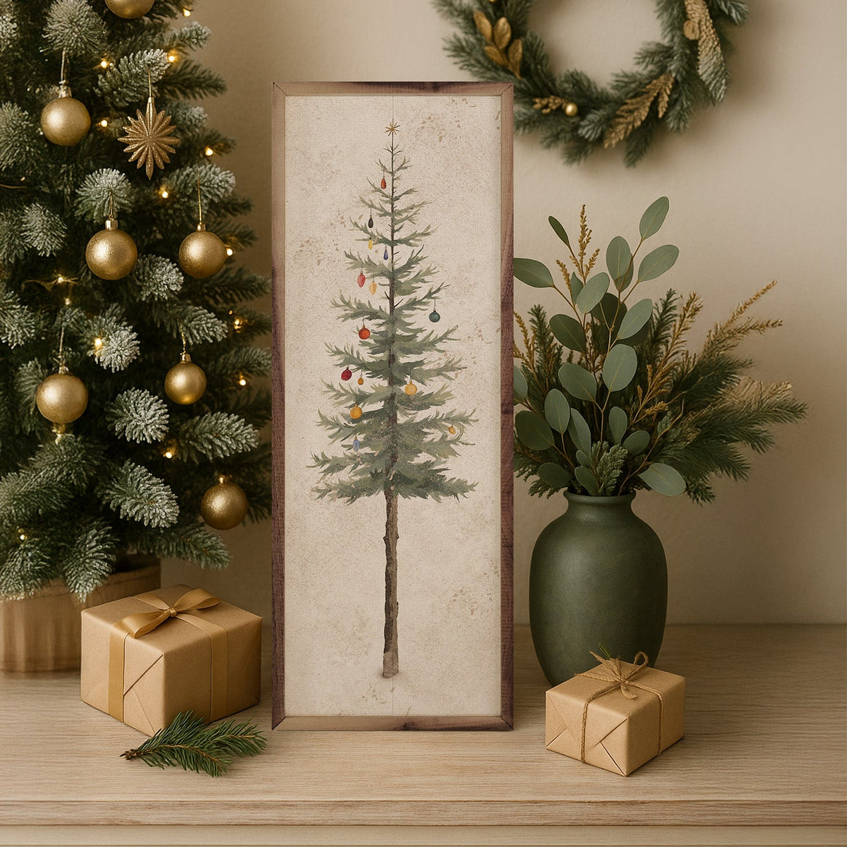 Vintage Holiday Tree Printed and Framed Wall Sign