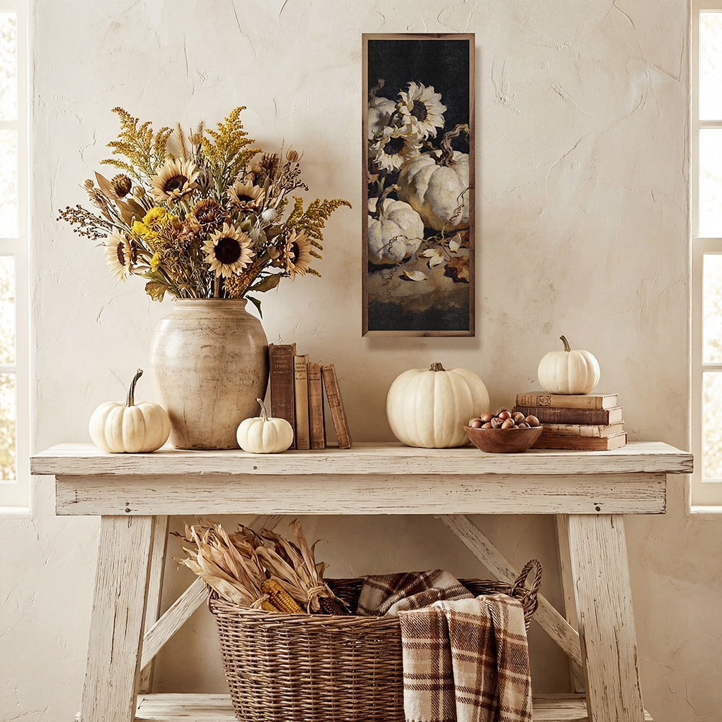 White Pumpkins And Sunflowers Printed and Framed Wall Sign