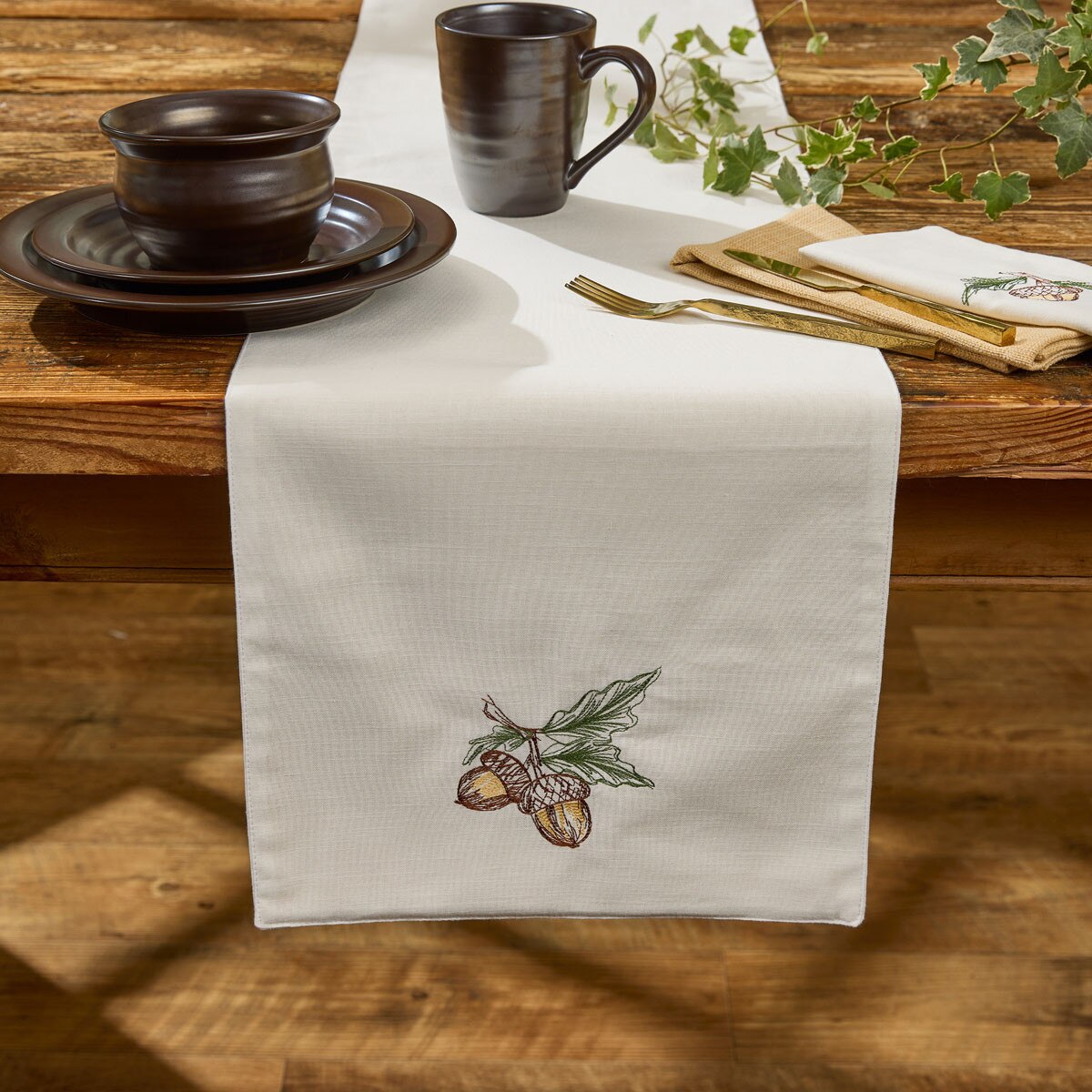 Acorns Embroidered Table Runner 54'' Long