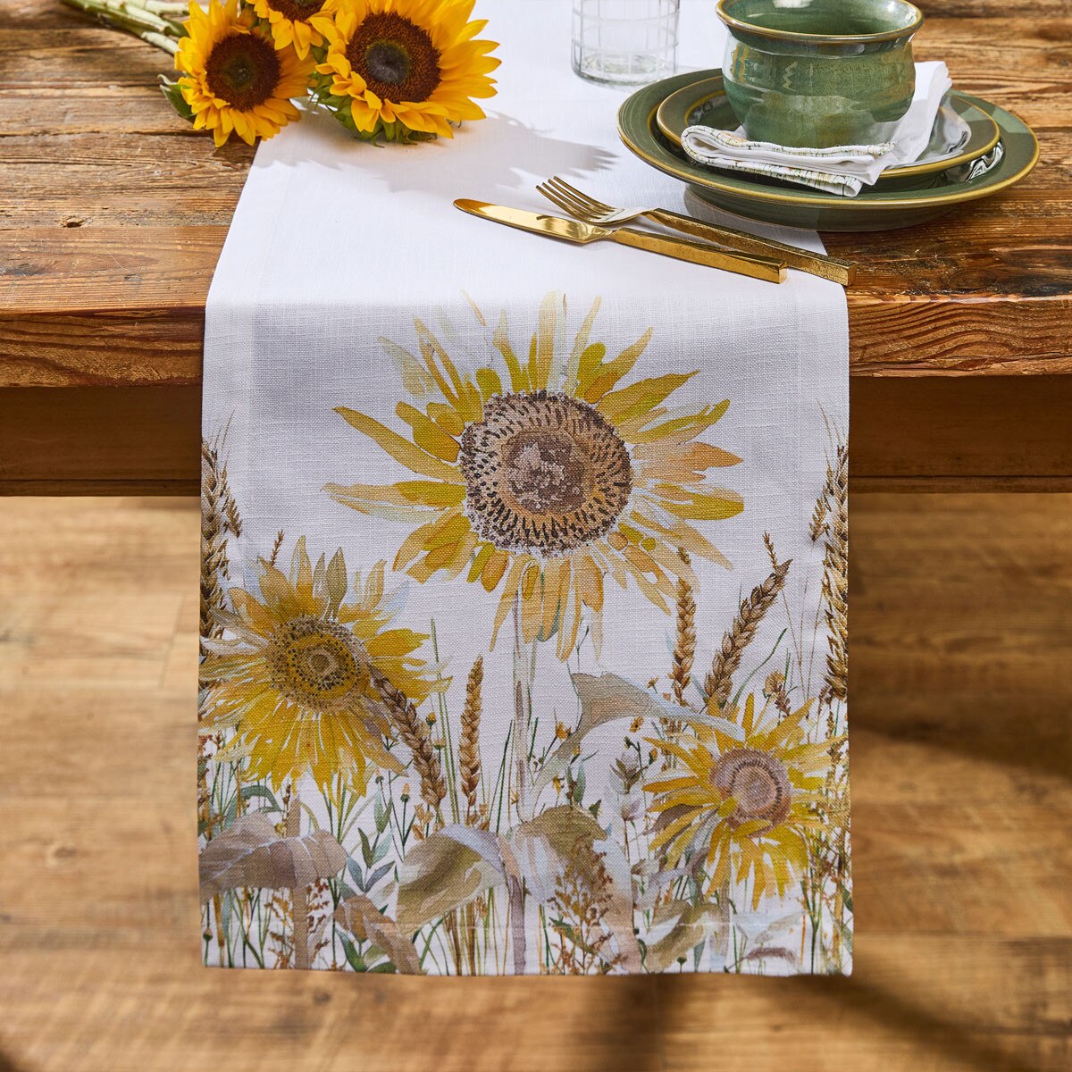 Sunflower Fields Printed Table Runner 54'' Long