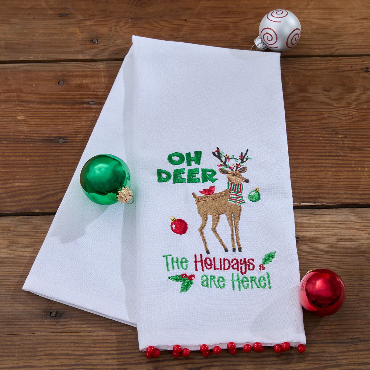 Run Run Reindeer Embroidered Oh Deer Dishtowel Decorative