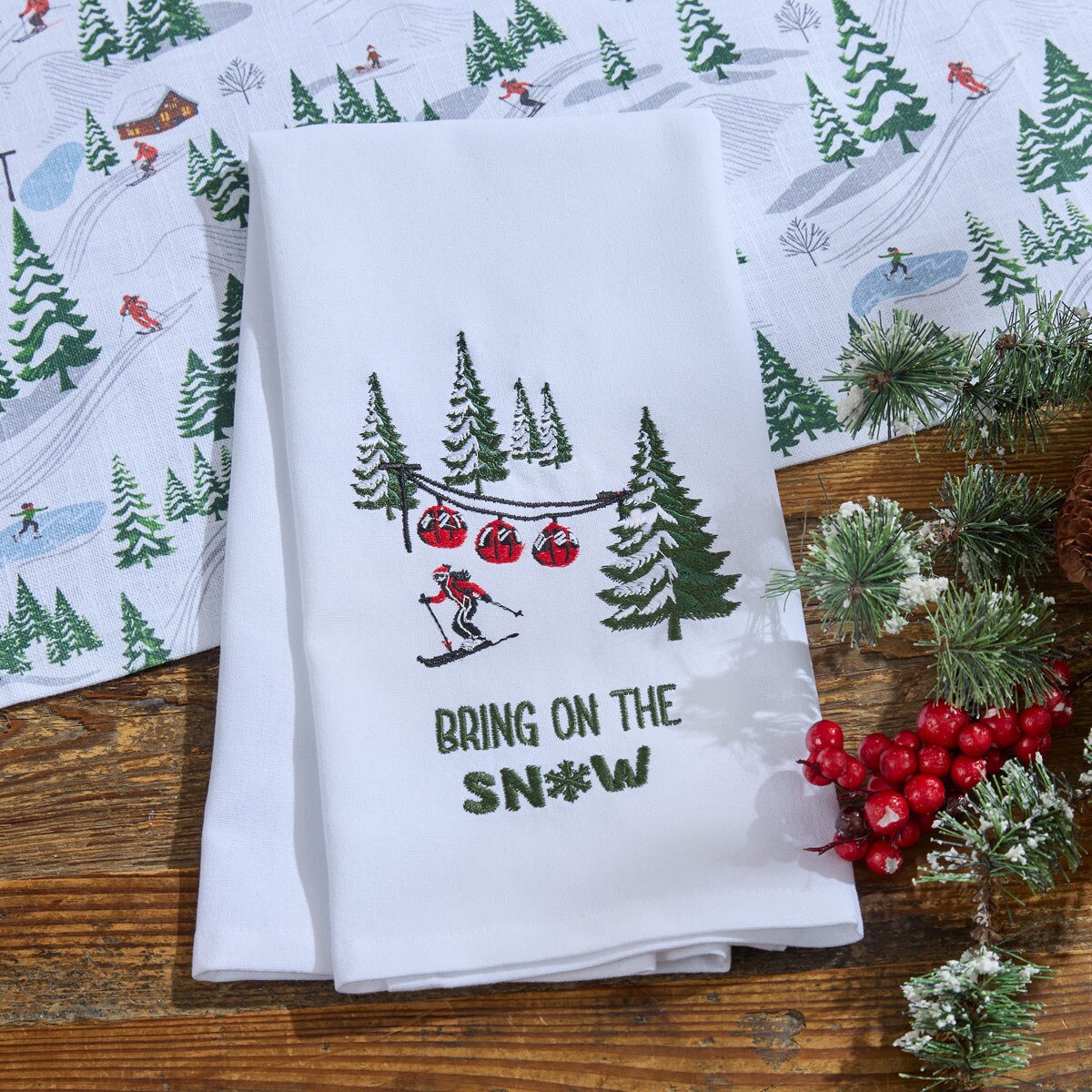Down Hill Run Embroidered Bring On The Snow Dishtowel Decorative