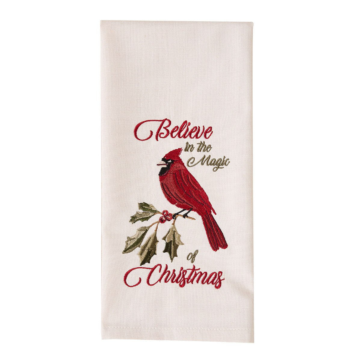 Merry Red Birds Embroidered Believe In The Magic Dishtowel Decorative