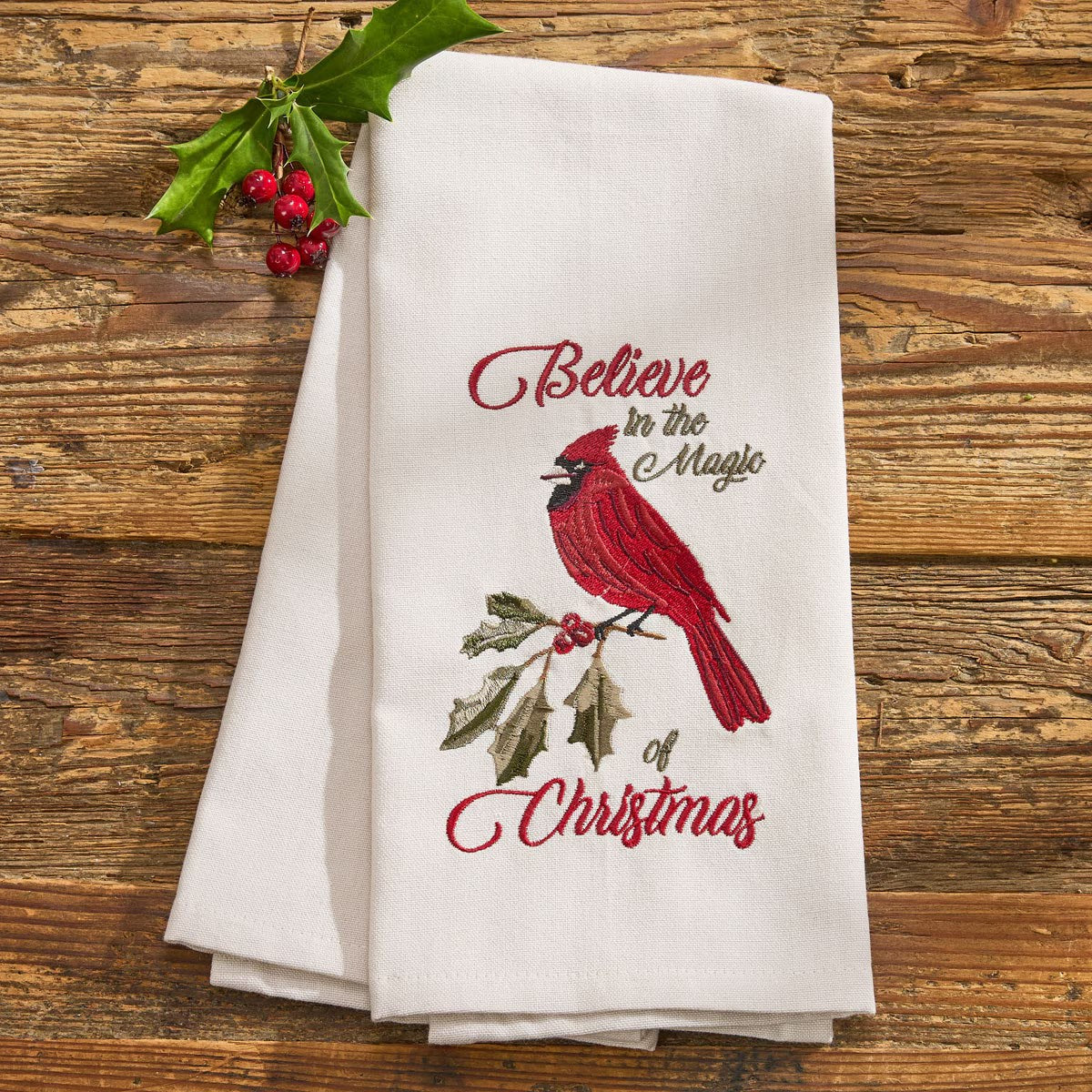 Merry Red Birds Embroidered Believe In The Magic Dishtowel Decorative
