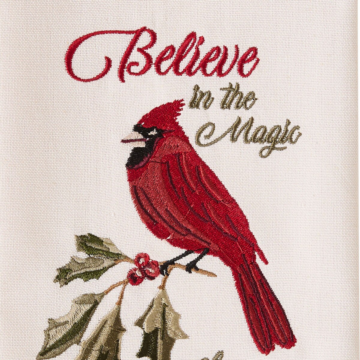 Merry Red Birds Embroidered Believe In The Magic Dishtowel Decorative
