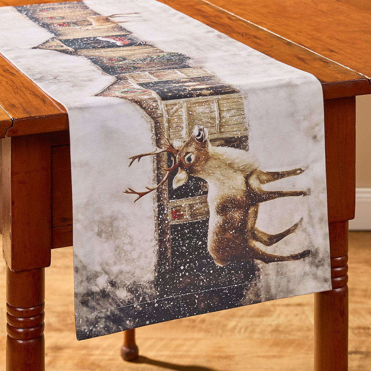 Santa And Reindeer Printed Table Runner 36" Long