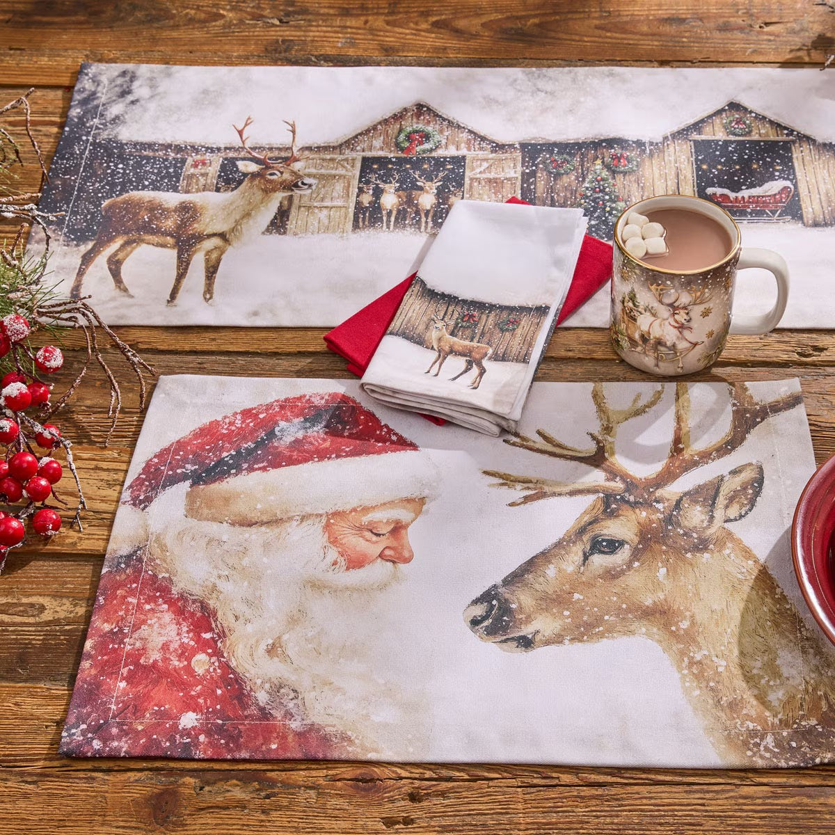 Santa And Reindeer Printed Table Runner 36" Long