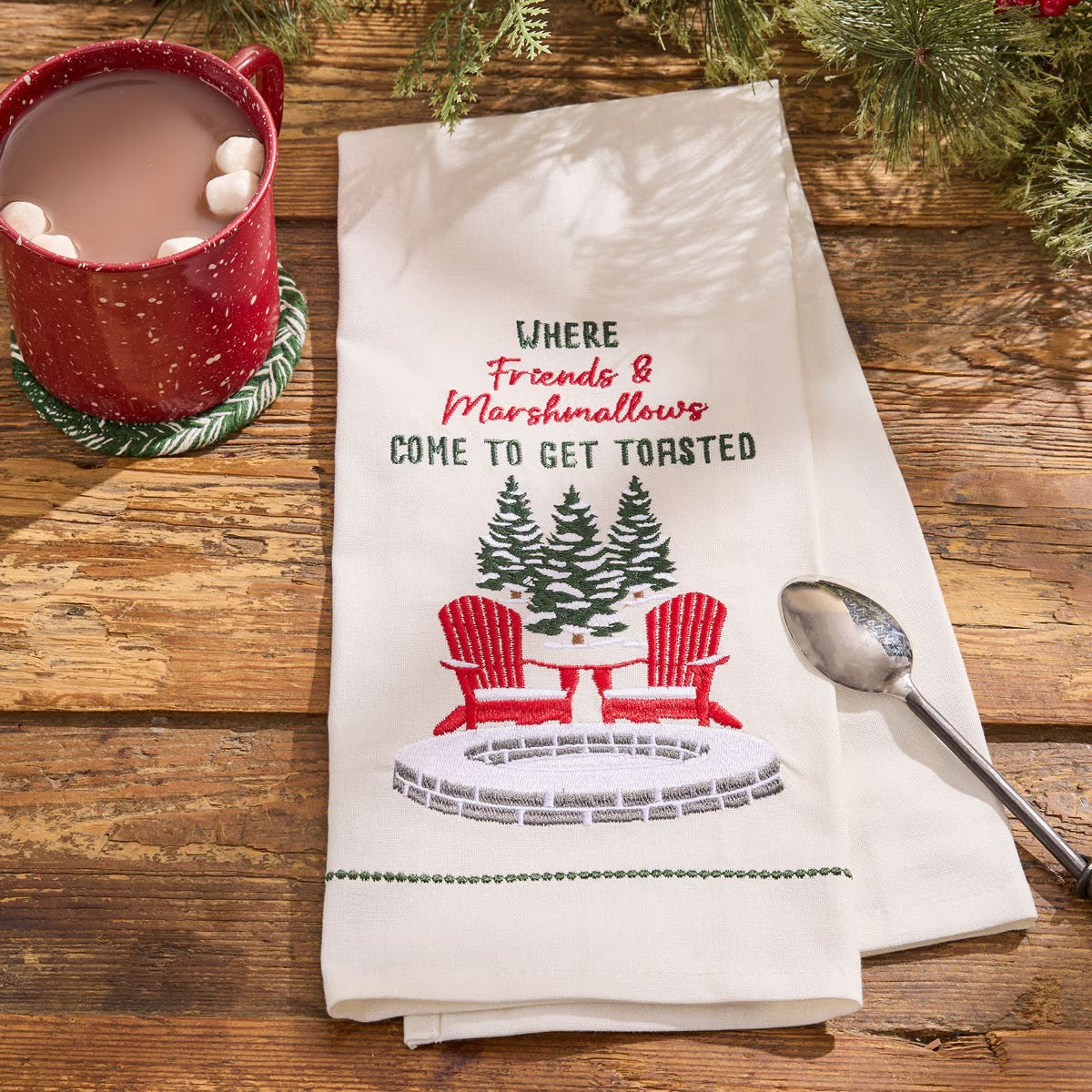 Christmas Tree Acres Embroidered Where Friends & Marshmallows Dishtowel Decorative