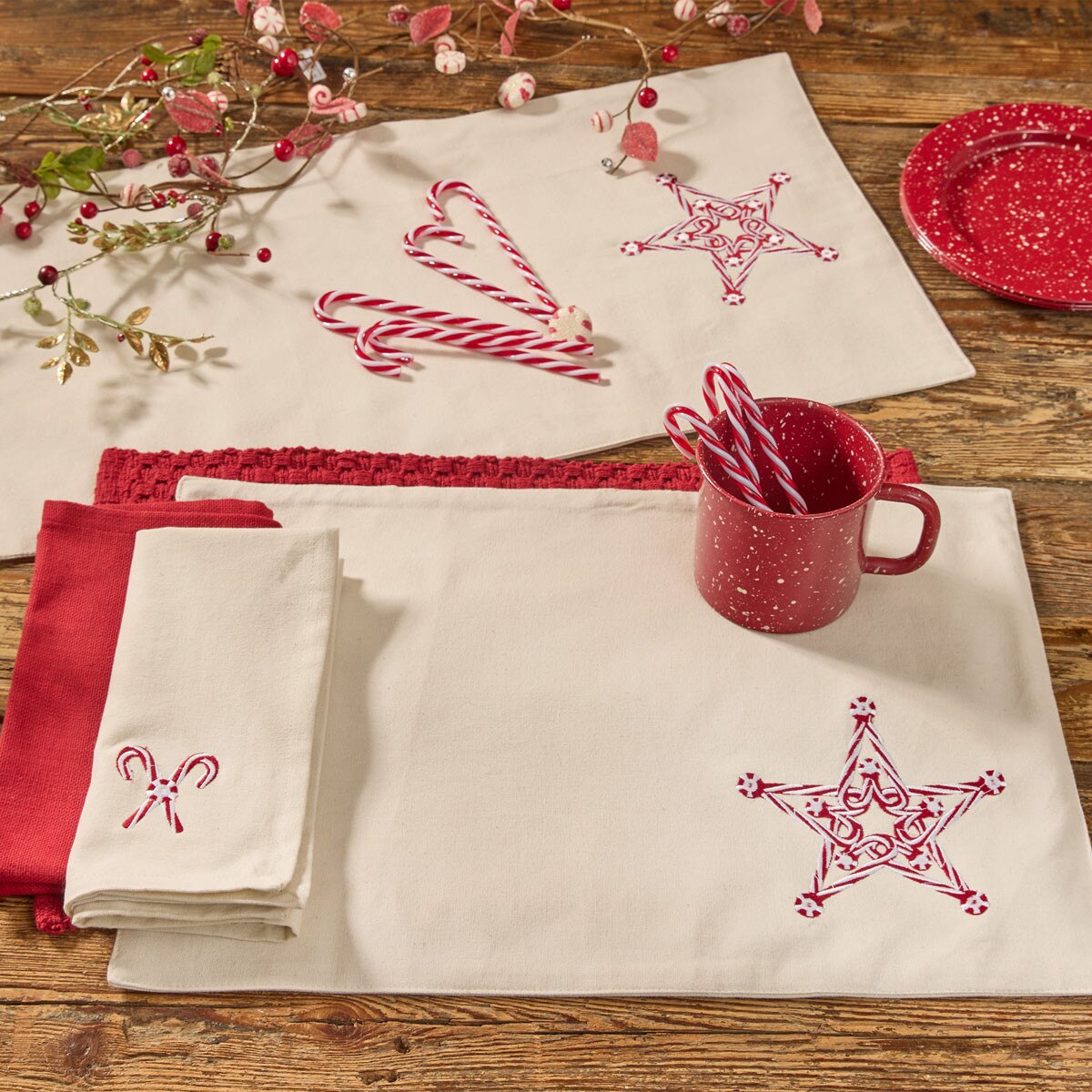 Candy Cane Star Embroidered Placemat Set of 2