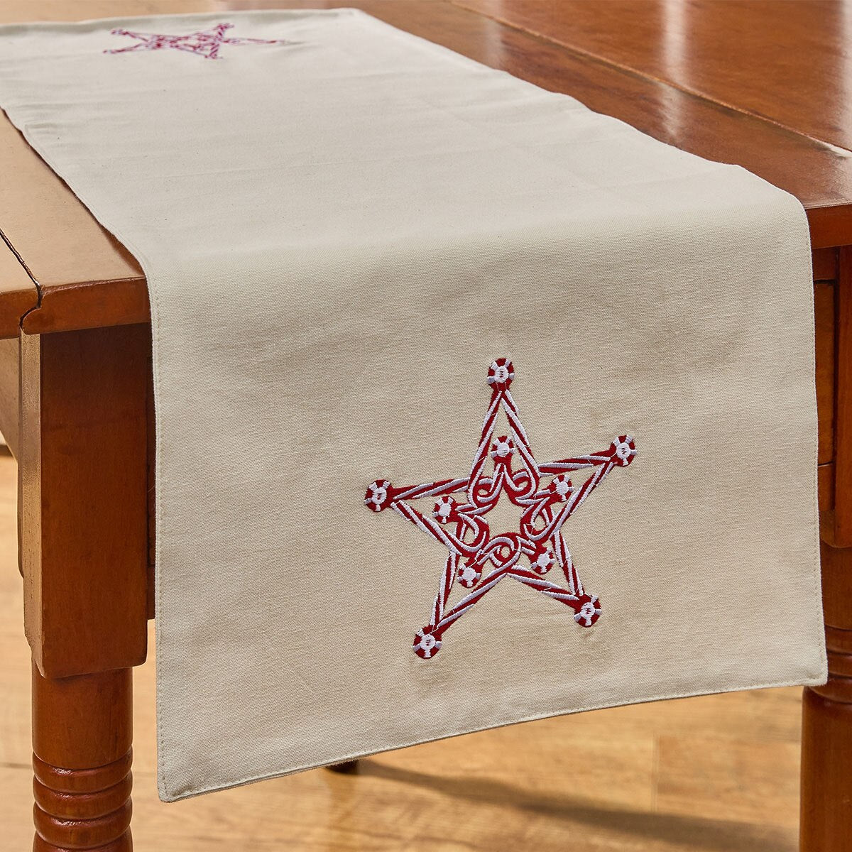 Candy Cane Star Embroidered Table Runner 36" Long