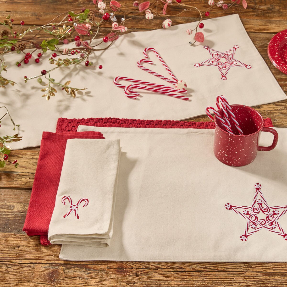 Candy Cane Star Embroidered Table Runner 36" Long
