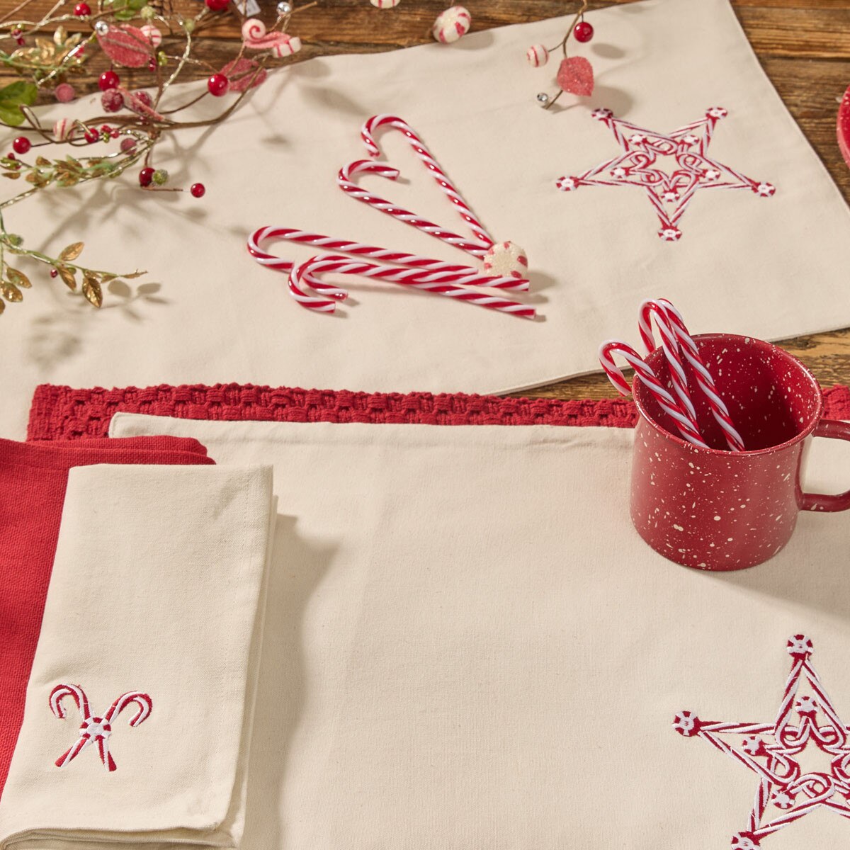 Candy Cane Star Embroidered Table Runner 54'' Long