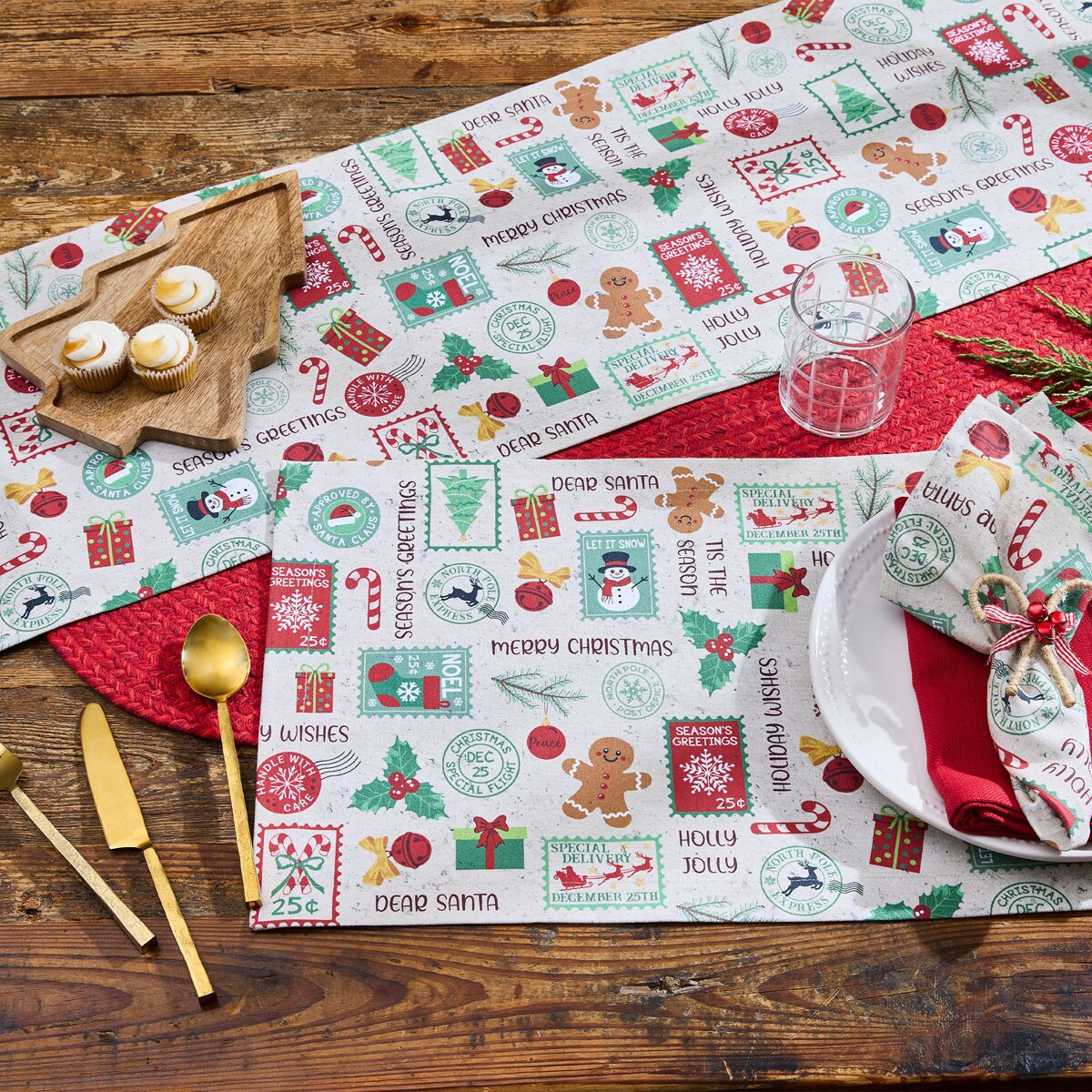 Christmas Stamps Printed Table Runner 36" Long