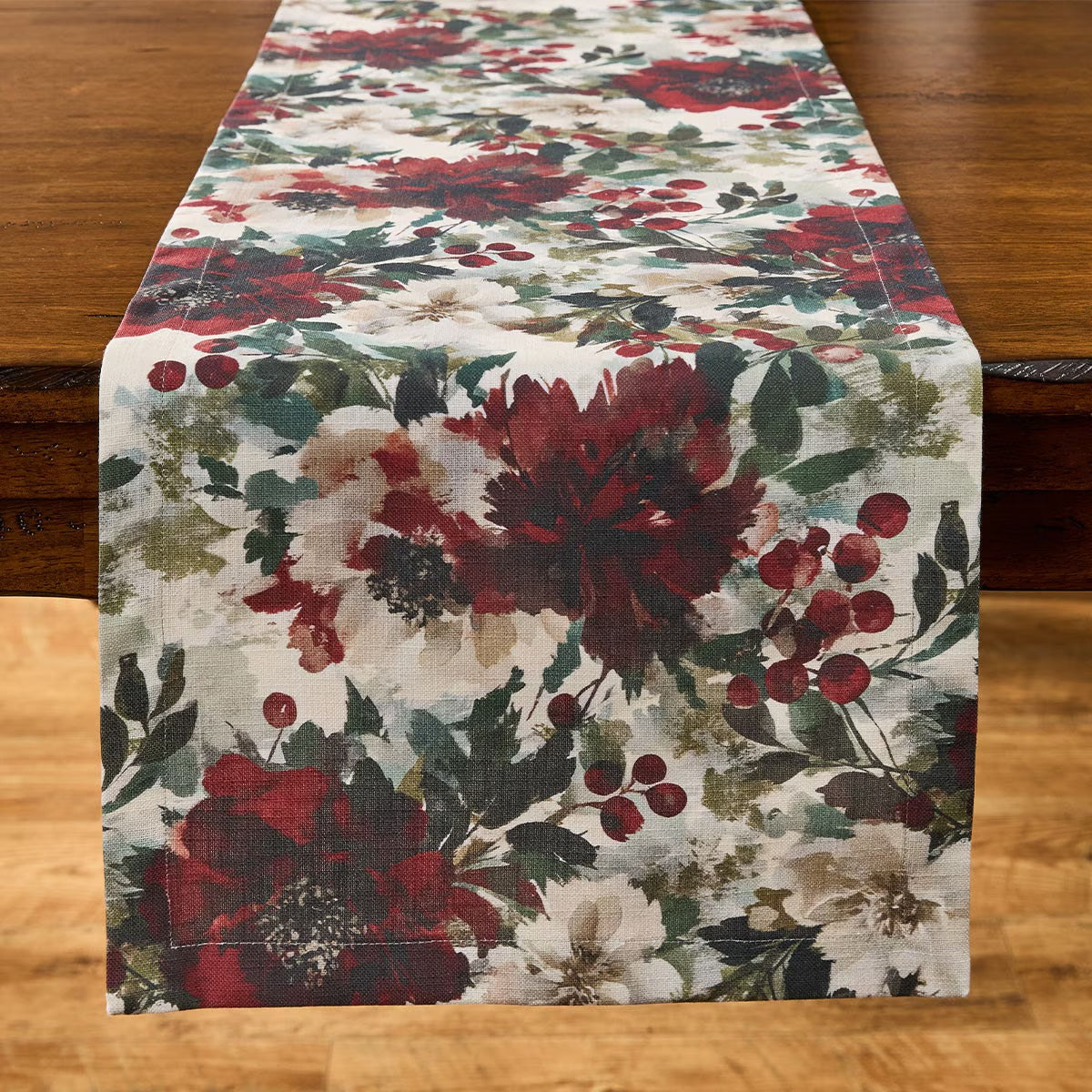 Merlot Camelias Printed Table Runner 54'' Long