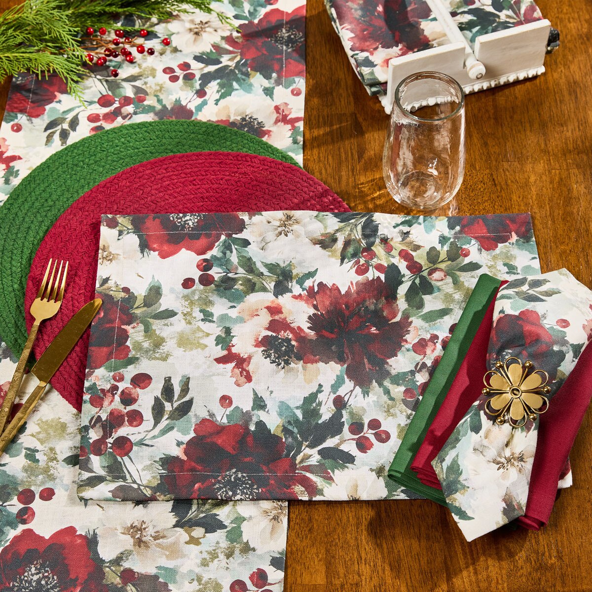 Merlot Camelias Printed Table Runner 54'' Long