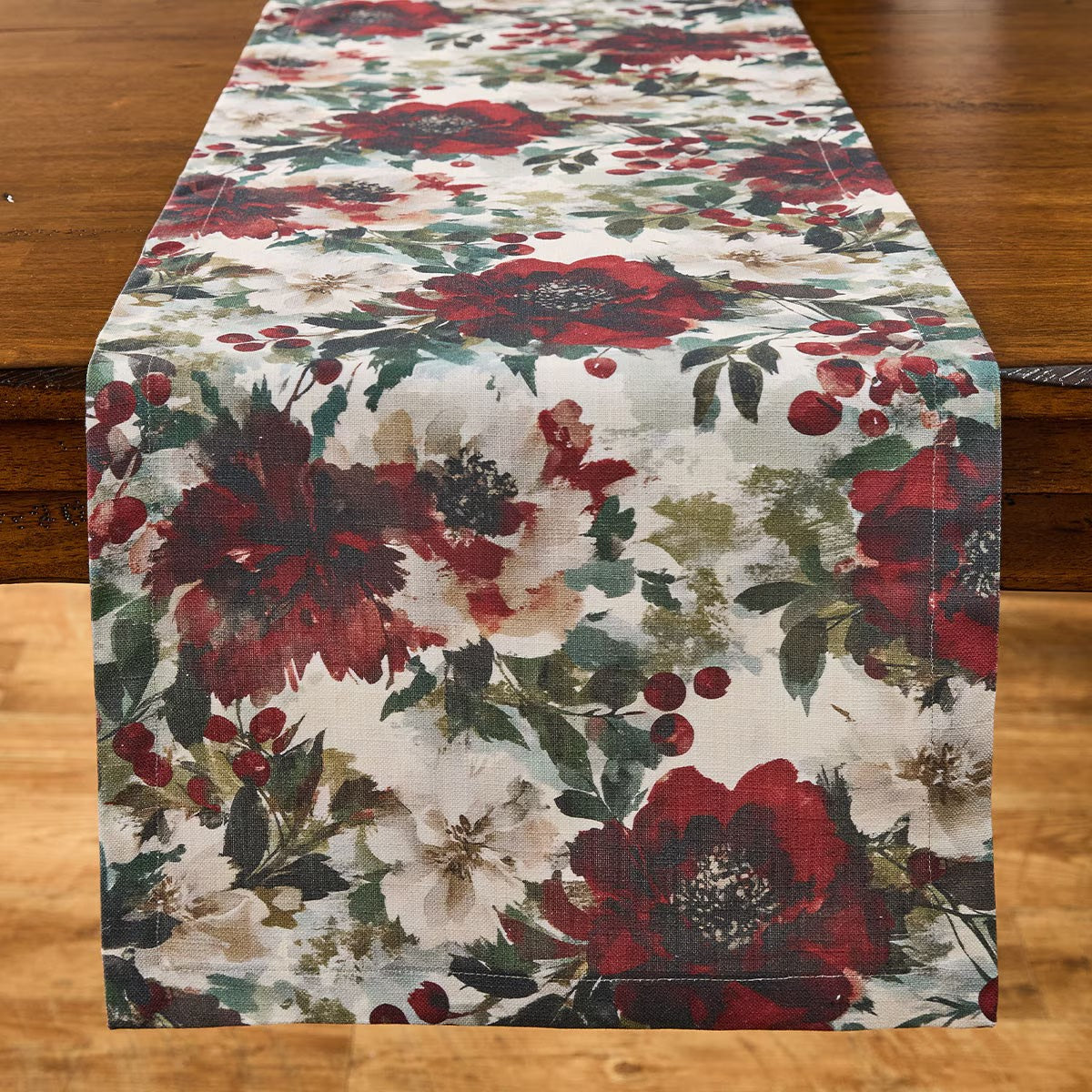 Merlot Camelias Printed Table Runner 72" Long