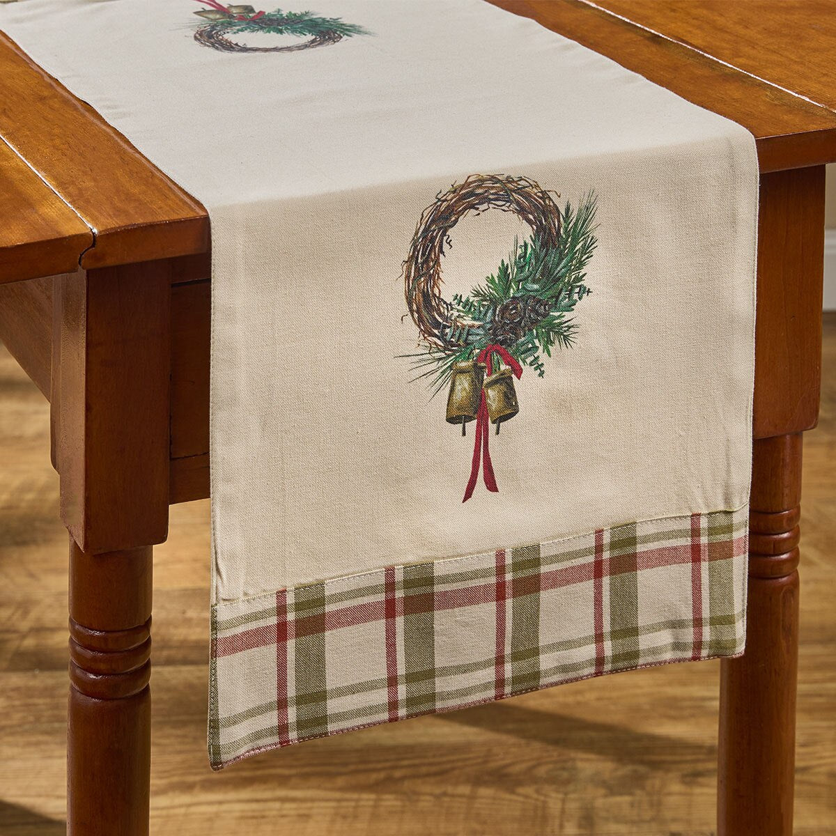 Cowbell Christmas Printed Plaid Border Table Runner 36" Long