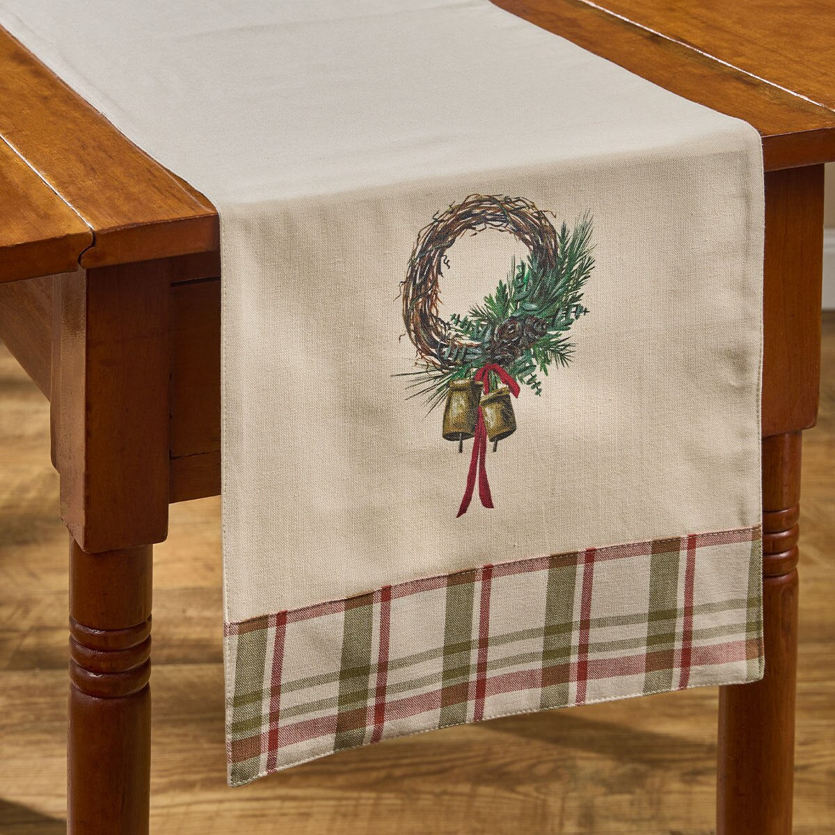 Cowbell Christmas Printed Plaid Border Table Runner 54'' Long