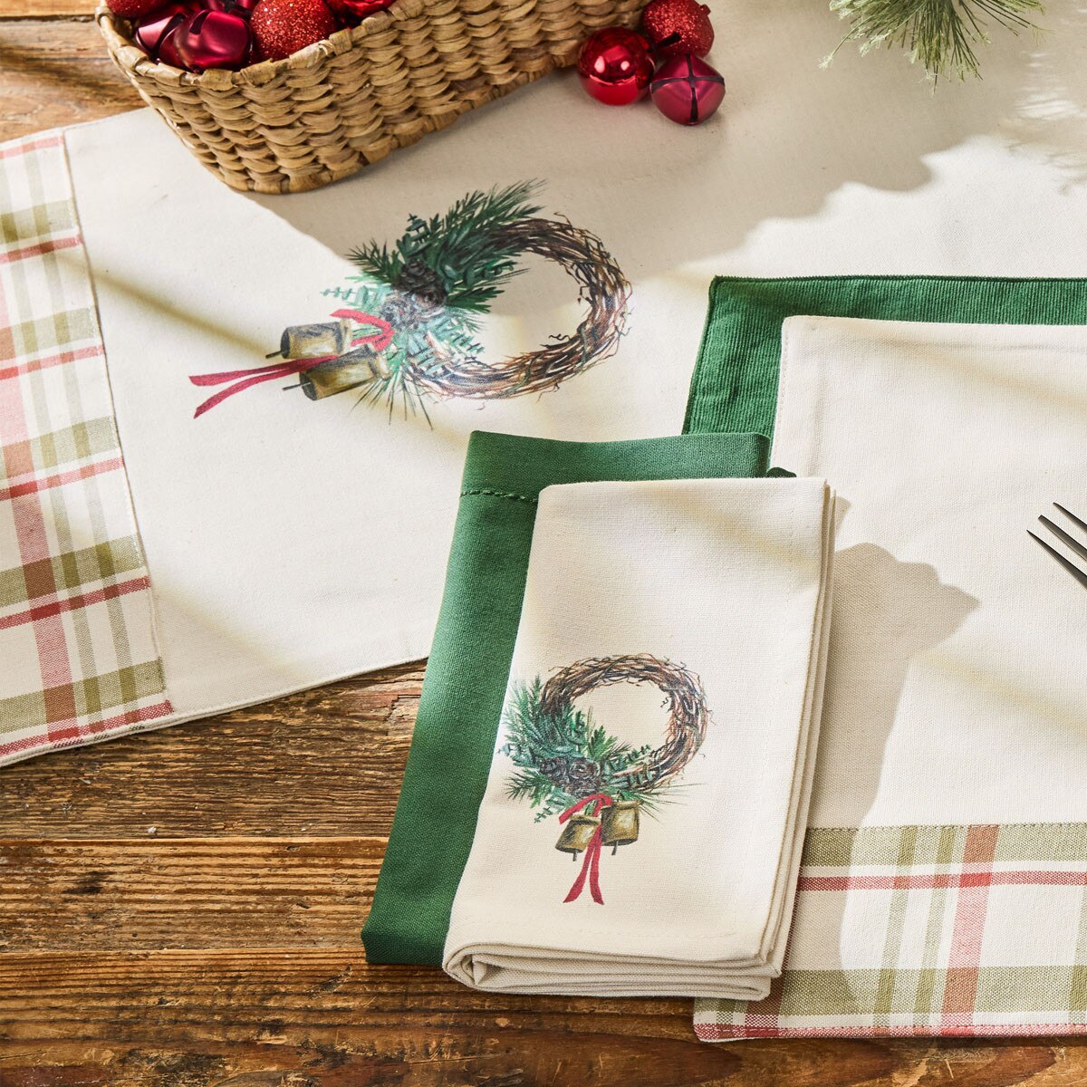 Cowbell Christmas Printed Plaid Border Table Runner 54'' Long