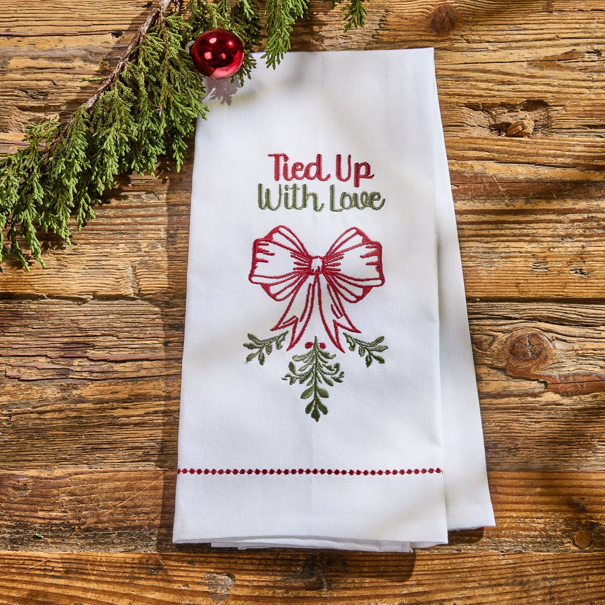 Christmas Bows Embroidered Tied Up With Love Dishtowel Decorative