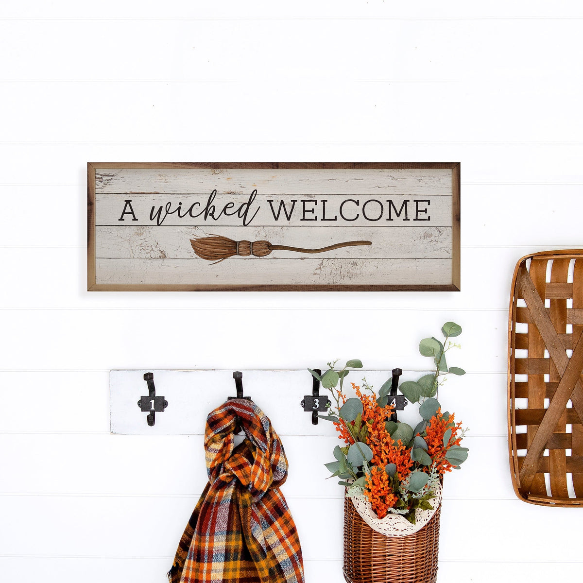 Kendrick Home Walnut Frames A Wicked Welcome Brown Whitewash Printed and Framed Wall Sign