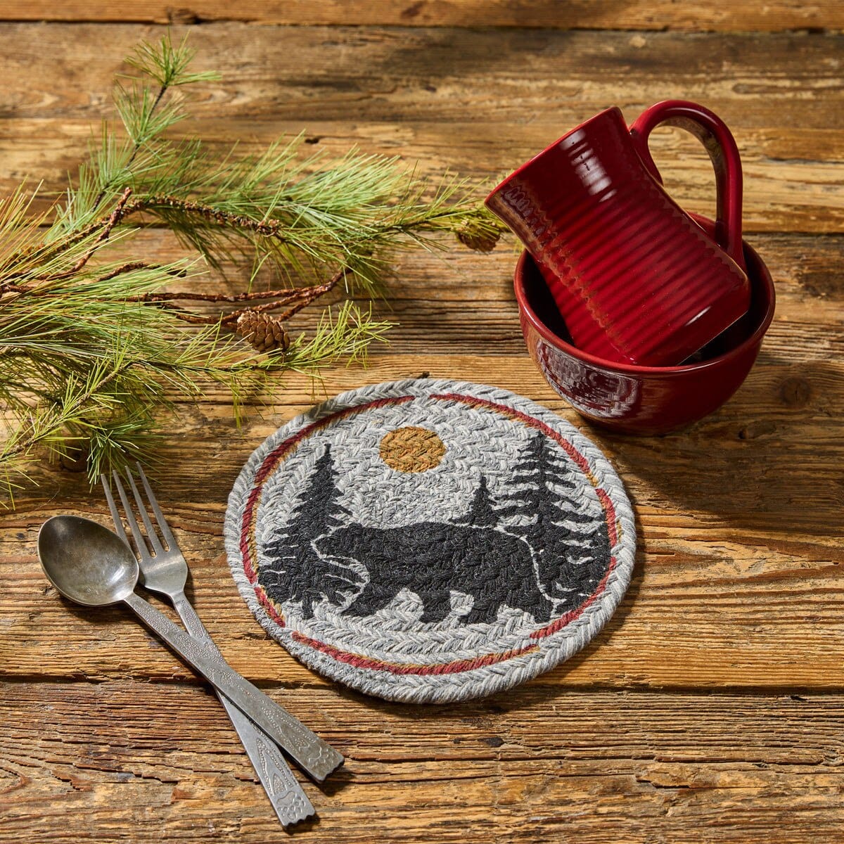 Park Designs Albemarle Black Bear Braided & Printed Trivet 8" Diameter Round Set of 2