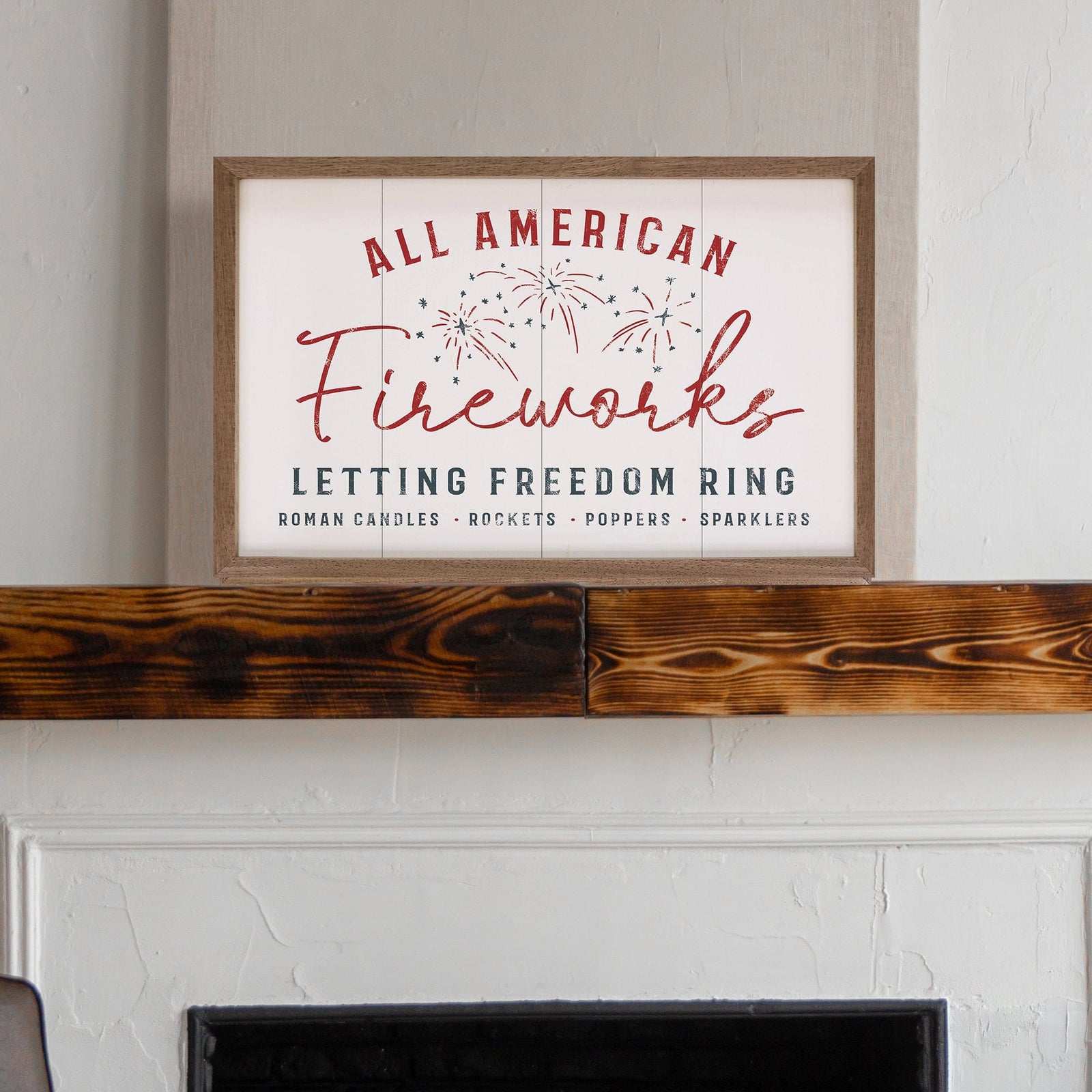 Kendrick Home Walnut Frames All American Fireworks White Printed and Framed Wall Sign