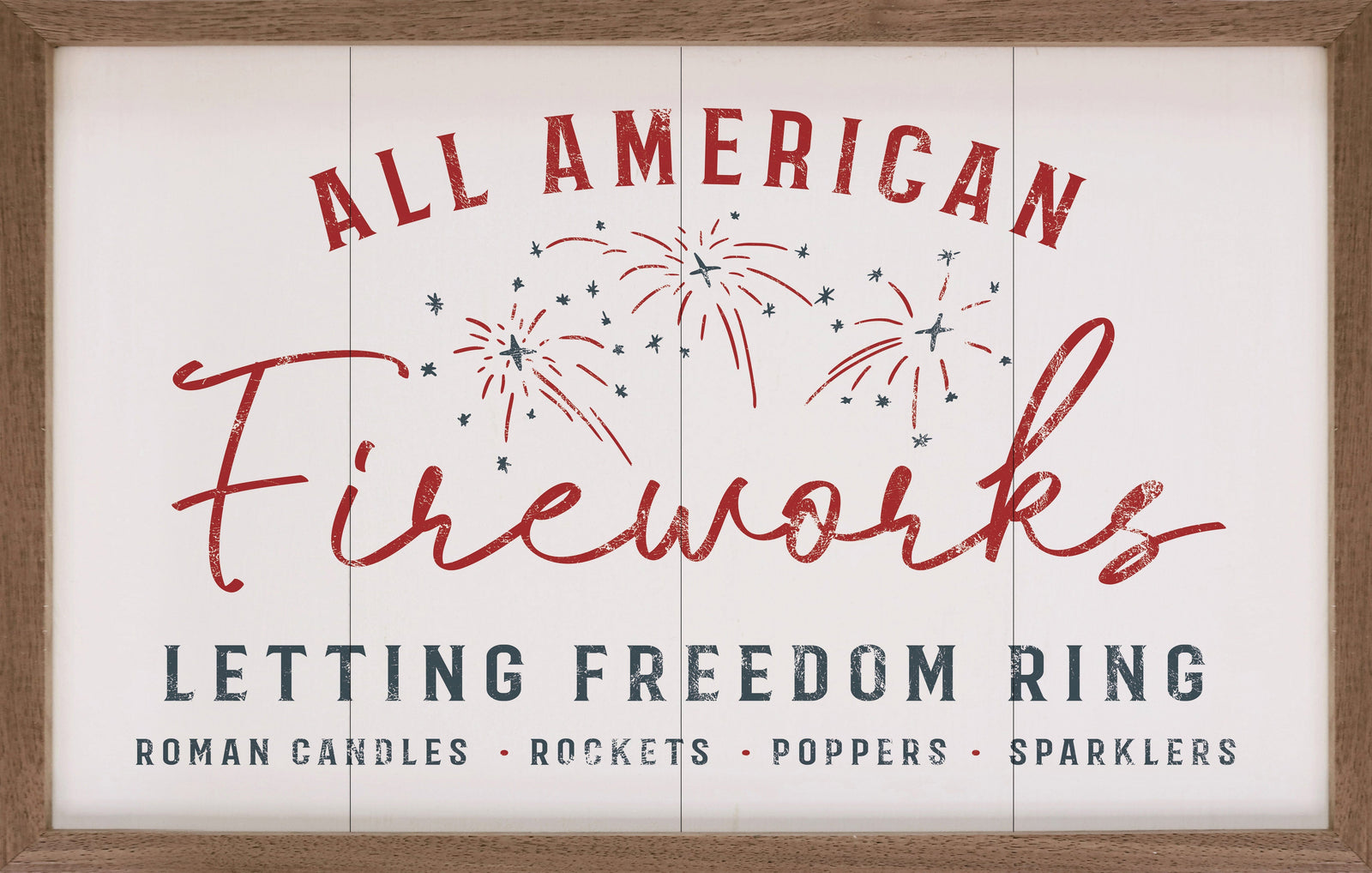 Kendrick Home Walnut Frames All American Fireworks White Printed and Framed Wall Sign