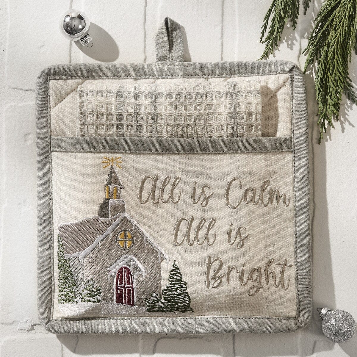 All Is Calm Embroidered Pocket Potholder & Dishtowel Set 2 Piece Set
