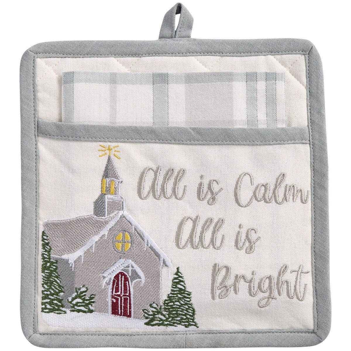 All Is Calm Embroidered Pocket Potholder & Dishtowel Set 2 Piece Set