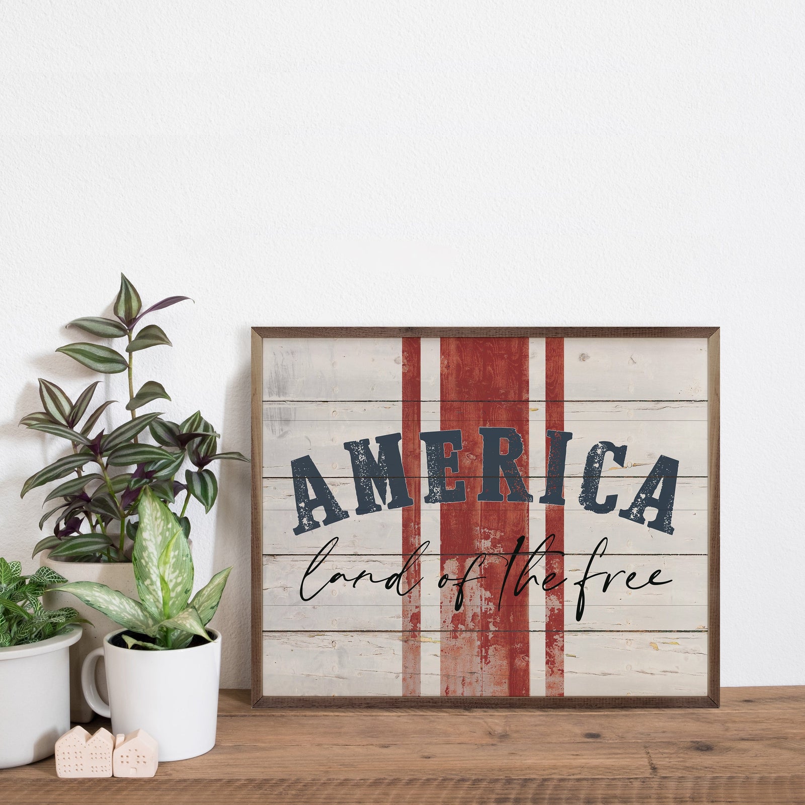 Kendrick Home Walnut Frames Sizes America Land Of The Free Stripes Whitewash Printed and Framed Wall Sign