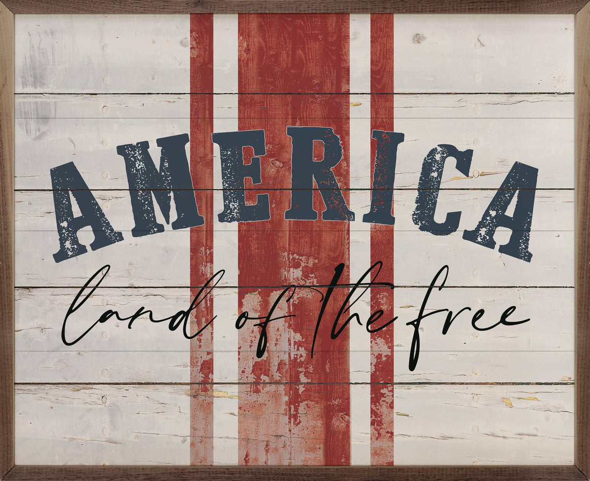 Kendrick Home Walnut Frames Sizes America Land Of The Free Stripes Whitewash Printed and Framed Wall Sign