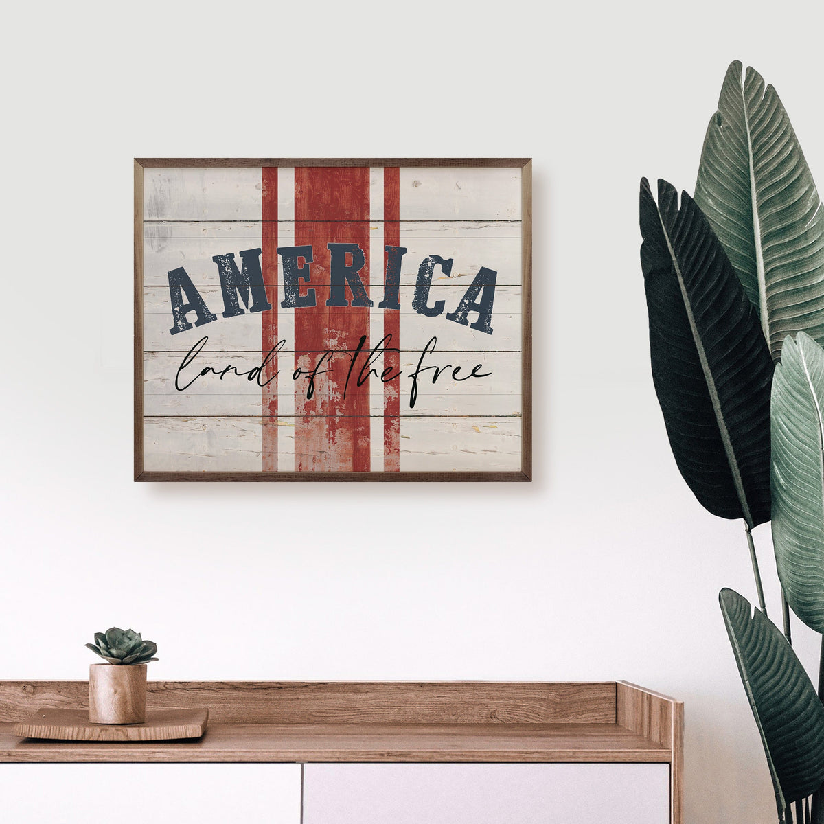 Kendrick Home Walnut Frames America Land Of The Free Stripes Whitewash Printed and Framed Wall Sign