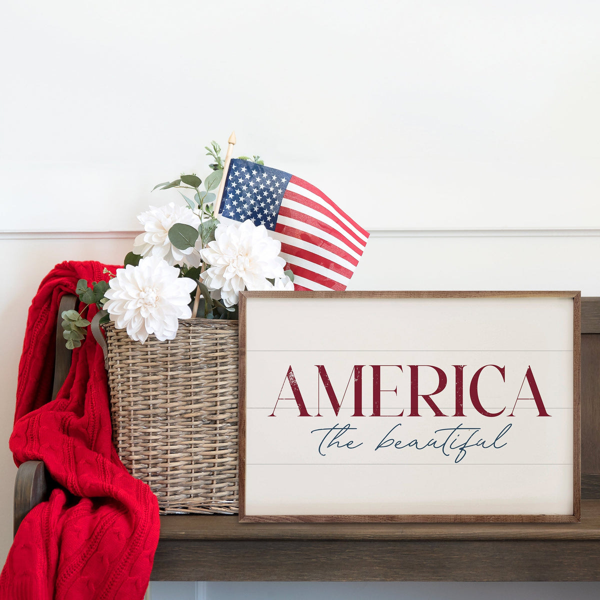 Kendrick Home Walnut Frames America The Beautiful White Printed and Framed Wall Sign