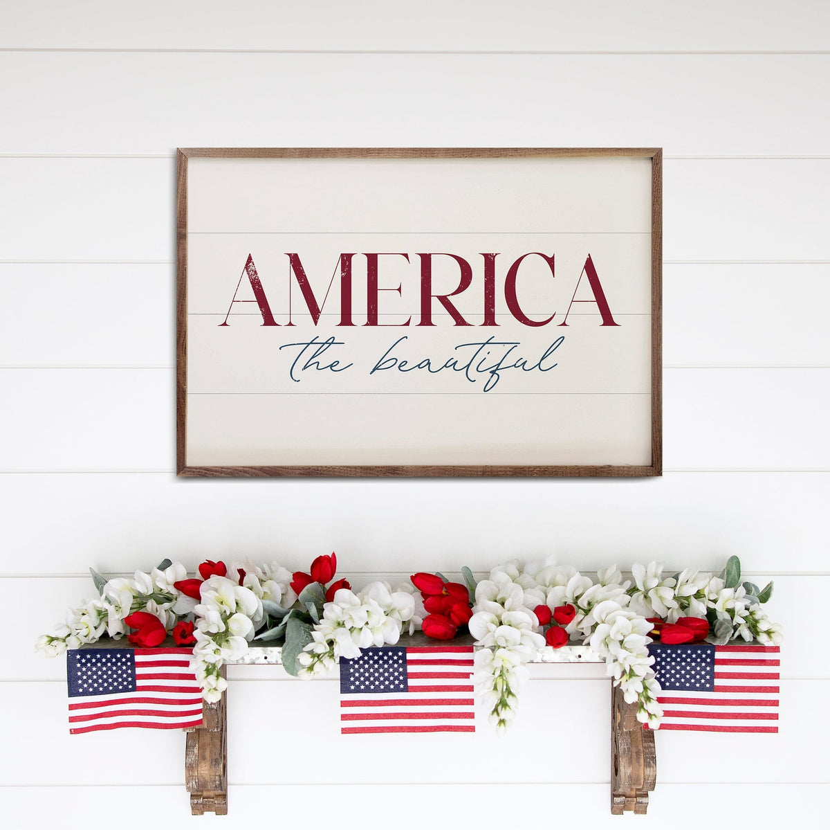 Kendrick Home Walnut Frames America The Beautiful White Printed and Framed Wall Sign