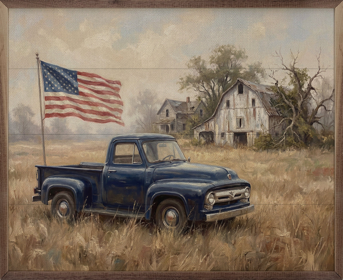 Kendrick Home Walnut Frames Sizes American Blue Truck With Flag Printed and Framed Wall Sign