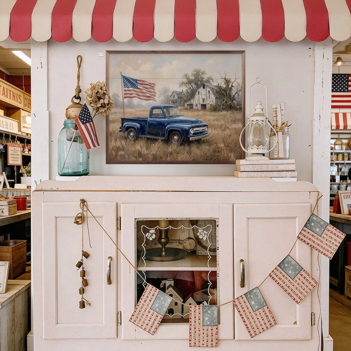 Kendrick Home Walnut Frames American Blue Truck With Flag Printed and Framed Wall Sign
