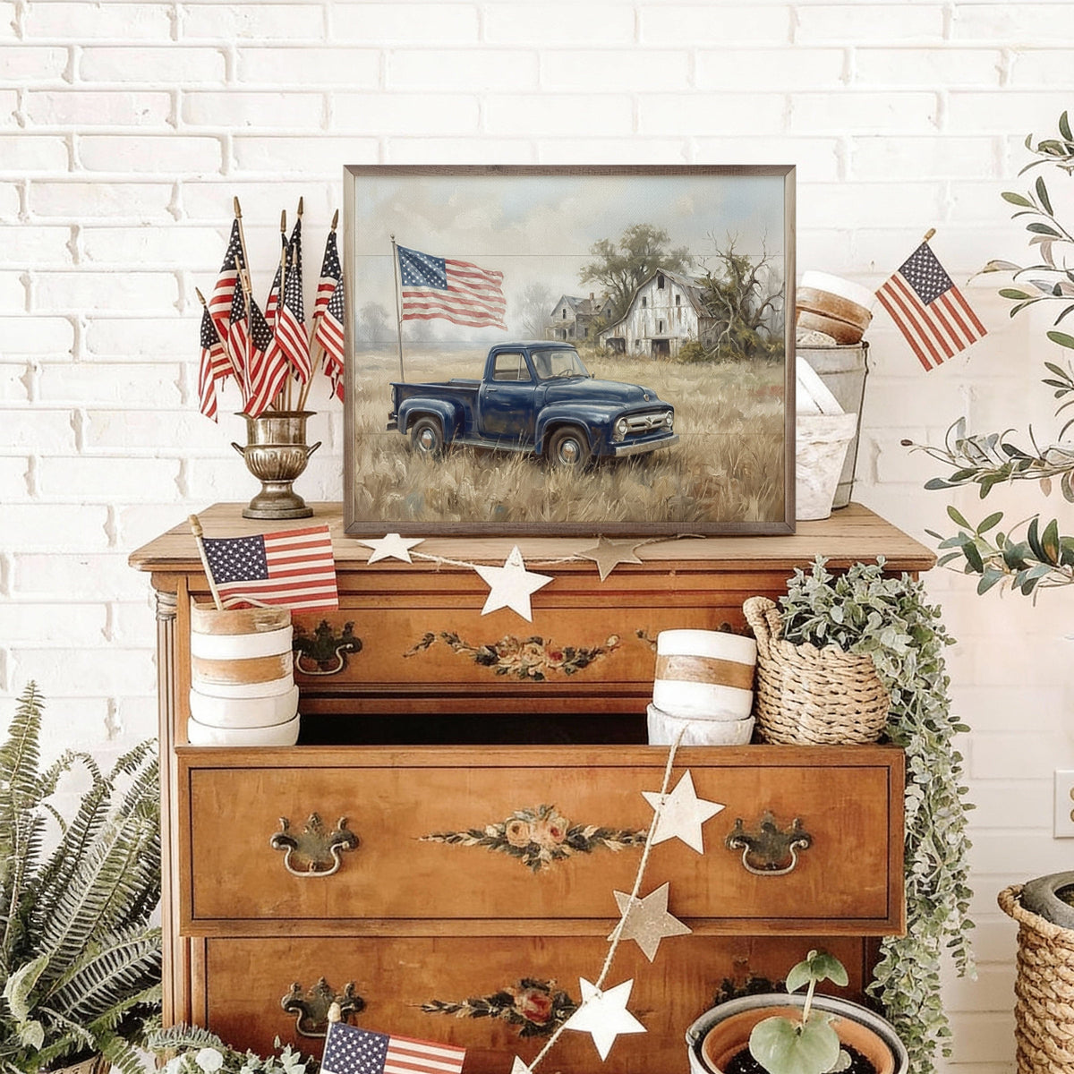 Kendrick Home Walnut Frames American Blue Truck With Flag Printed and Framed Wall Sign